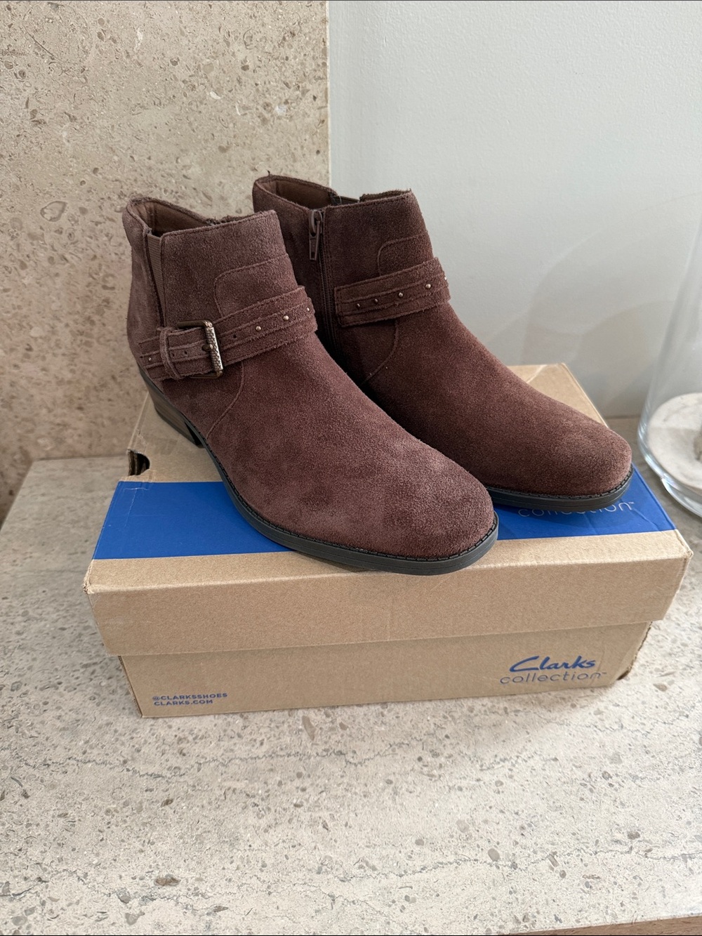 Women’s Clarks Brown Suede Ankle Booties with Buckle Detail. Size 8.